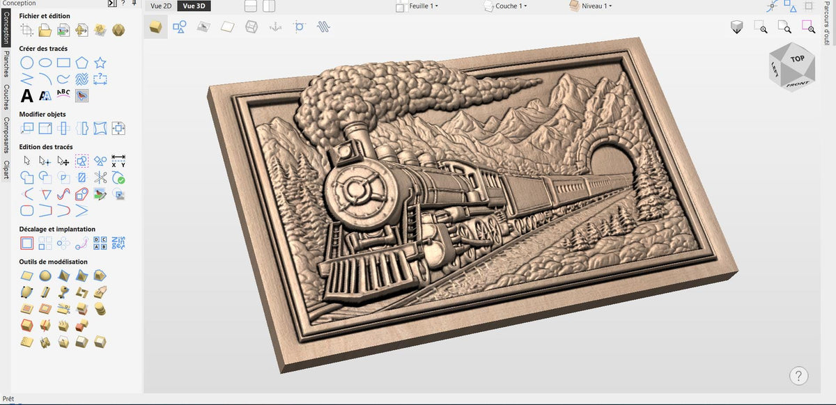 CNC file & 3D printing vintage steam train – locomotive bas-relief for wood carving, railway wall art STL