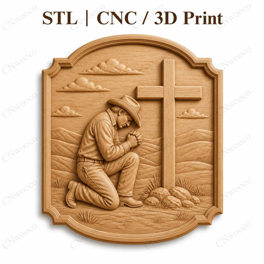 CNC & impression 3D relief cowboy priant devant la croix, décor western chrétien, fichier STL très haute qualité