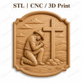 CNC & impression 3D relief cowboy priant devant la croix, décor western chrétien, fichier STL très haute qualité