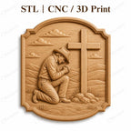 CNC & impression 3D relief cowboy priant devant la croix, décor western chrétien, fichier STL très haute qualité