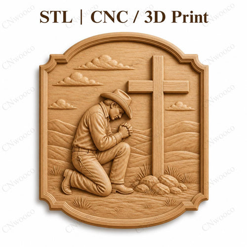 CNC & impression 3D relief cowboy priant devant la croix, décor western chrétien, fichier STL très haute qualité