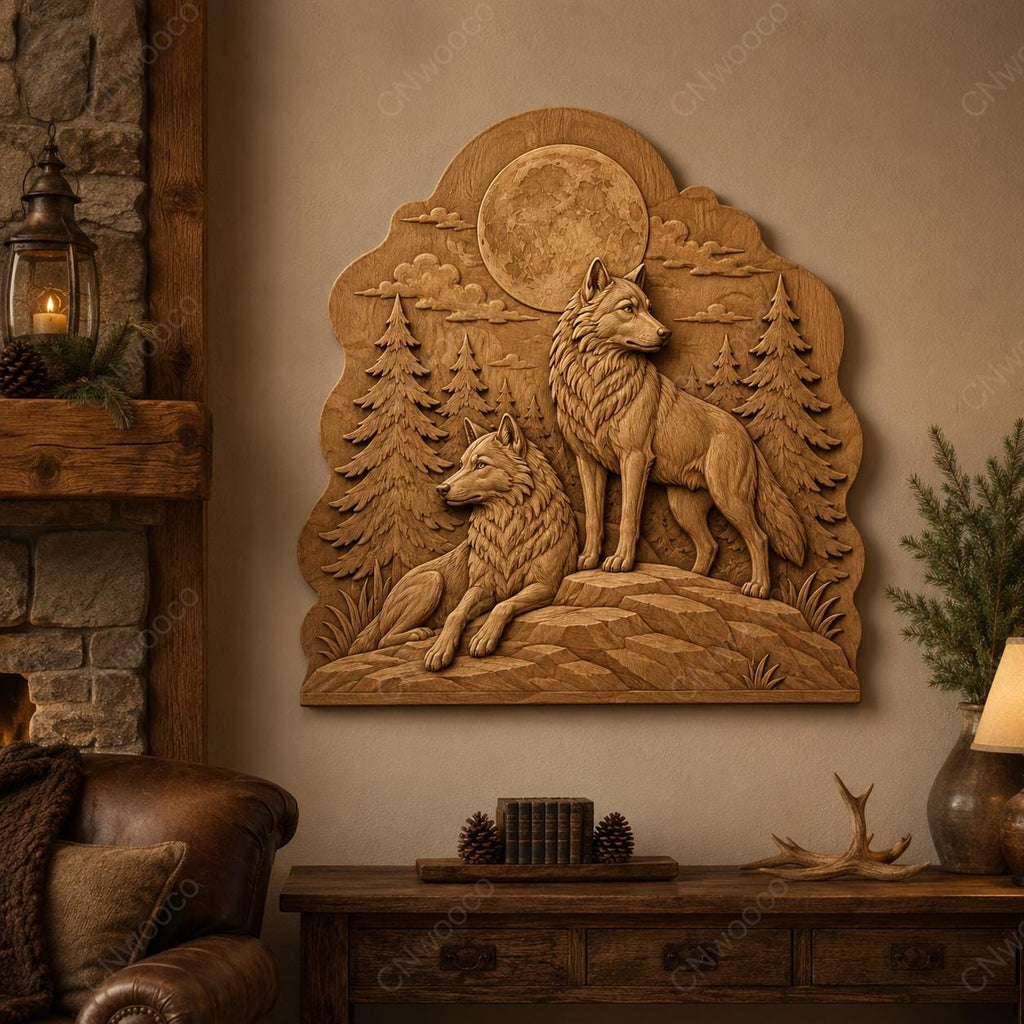 CNC & impression 3D relief loups dans la forêt avec lune, décoration wildlife pour gravure bois, STL de haute qualité