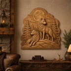 CNC & impression 3D relief loups dans la forêt avec lune, décoration wildlife pour gravure bois, STL de haute qualité