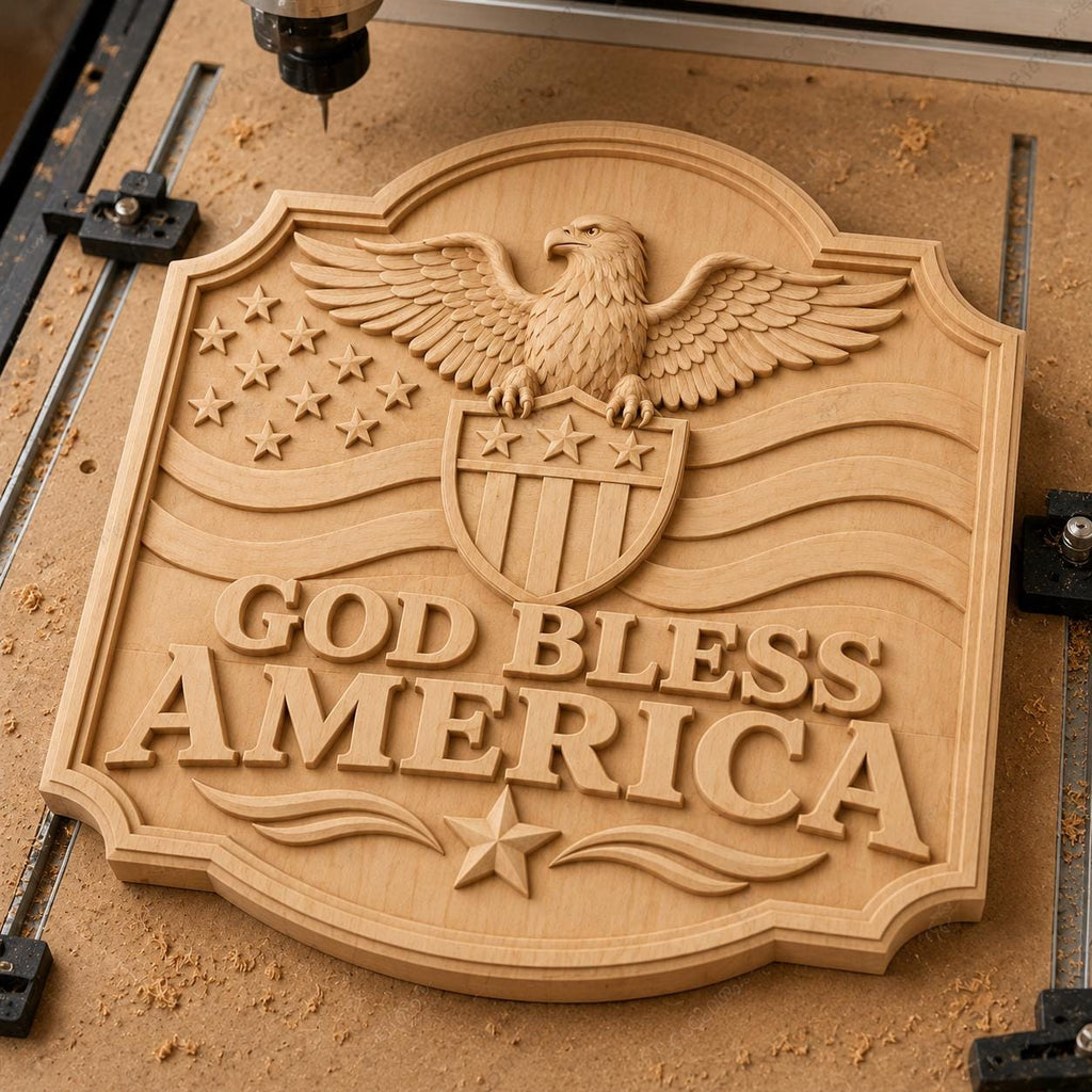 CNC & impression 3D relief God Bless America avec aigle, fichier STL très haute qualité