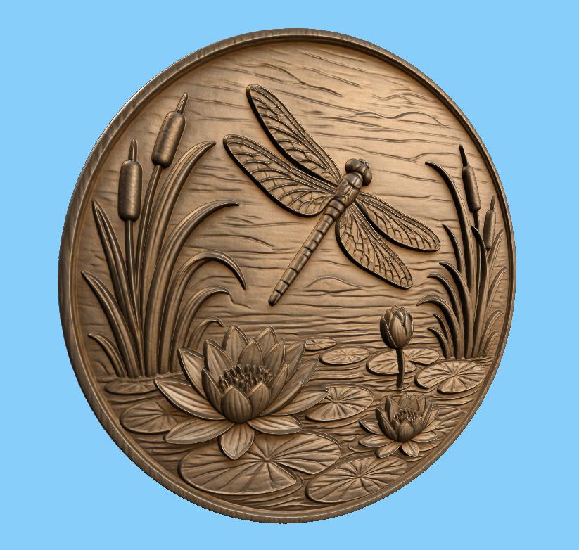 CNC & impression 3D relief libellule avec lotus et nénuphars, décor nature, fichier STL très haute qualité