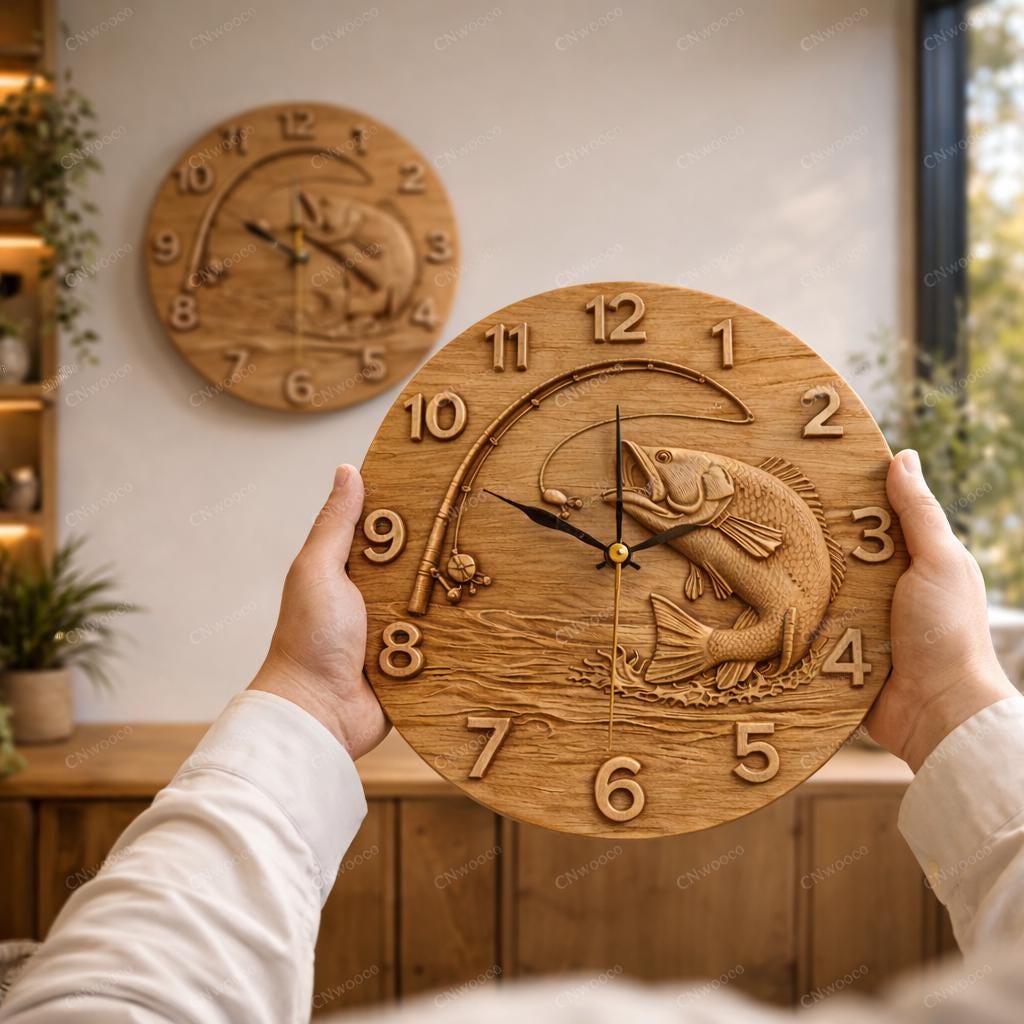 Fichier CNC horloge pêche bass – bas-relief poisson pour sculpture bois, décoration murale pêcheur STL