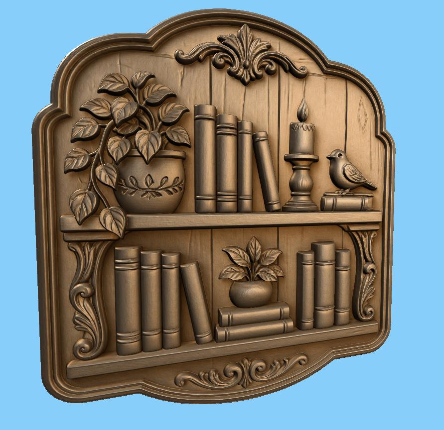 CNC & impression 3D relief bibliothèque avec livres plante bougie et oiseau, fichier STL très haute qualité