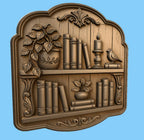 CNC & impression 3D relief bibliothèque avec livres plante bougie et oiseau, fichier STL très haute qualité