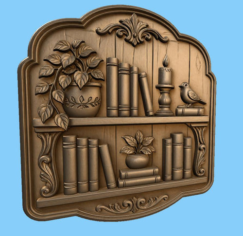 CNC & impression 3D relief bibliothèque avec livres plante bougie et oiseau, fichier STL très haute qualité