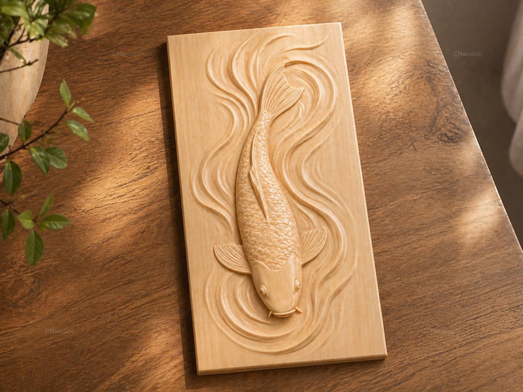 CNC-Datei Koi – japanisches Fisch-Basrelief für Holzschnitzerei, Zen-Wanddekoration und japanischer Teich STL
