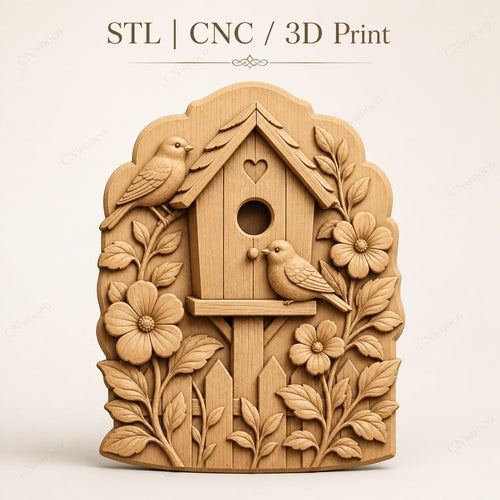 CNC & impression 3D relief nichoir à oiseaux floral, birdhouse décor jardin, fichier STL très haute qualité
