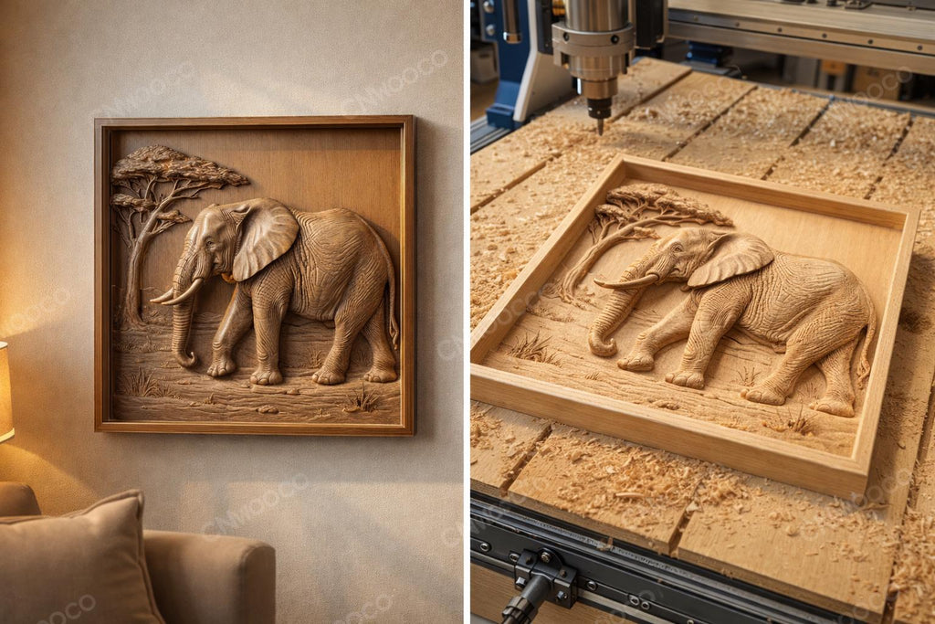 CNC-Datei afrikanischer Elefant, Holz-Flachrelief Safari, Tier-Wanddekoration, Elefanten-Panel, 3D-STL-Gravurmodell