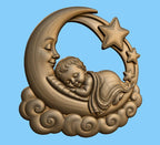 CNC & impression 3D bébé endormi sur lune avec étoiles, fichier STL très haute qualité
