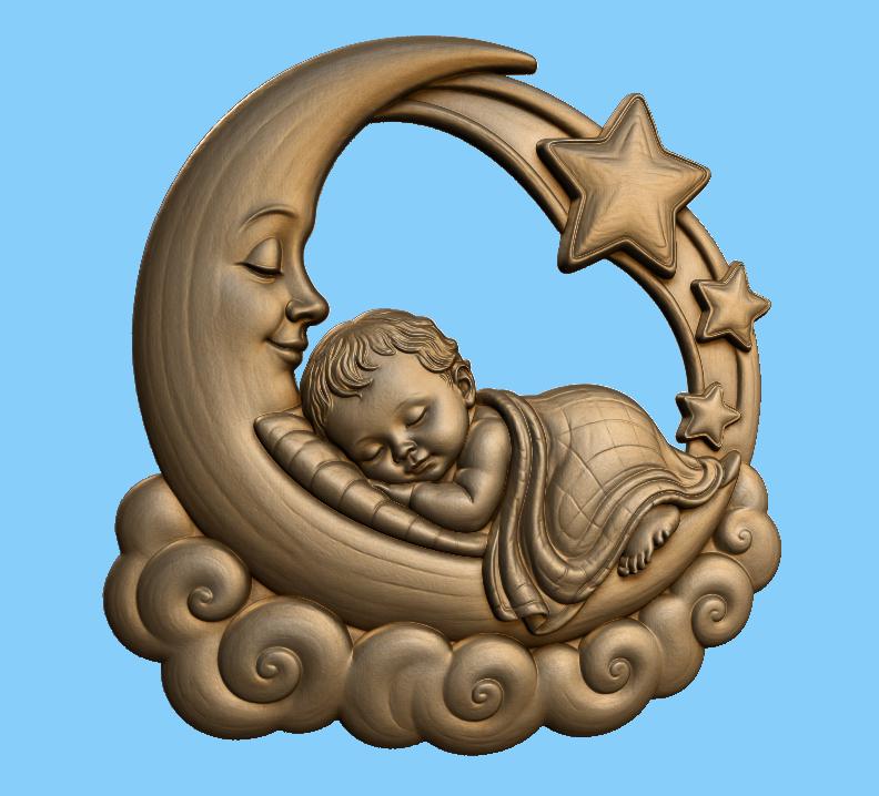 CNC & impression 3D bébé endormi sur lune avec étoiles, fichier STL très haute qualité