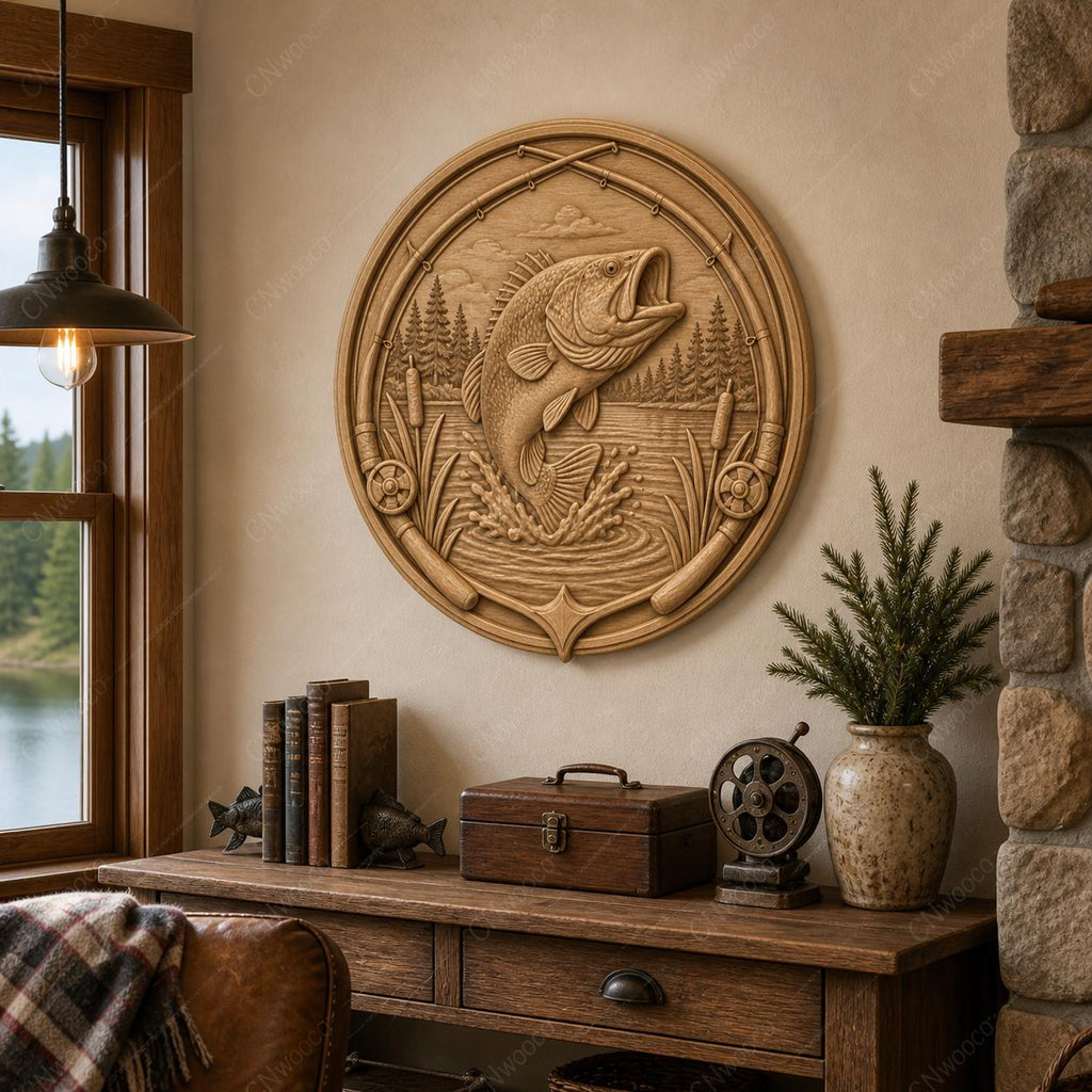 CNC & impression 3D poisson bass pêche, relief fishing STL haute qualité pour sculpture bois et décoration lodge