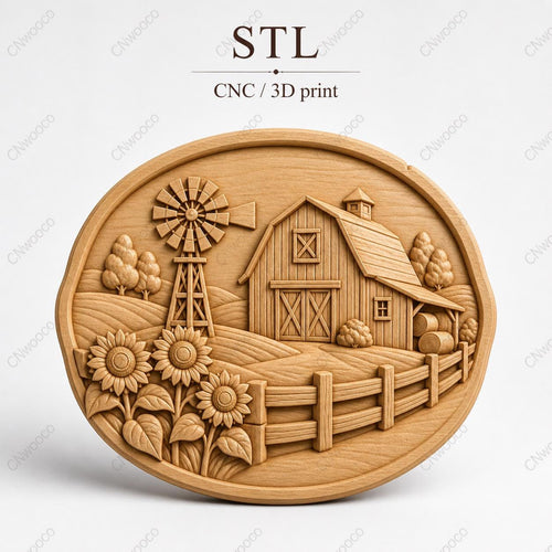 CNC & impression 3D relief grange de ferme avec moulin et tournesols, fichier STL très haute qualité