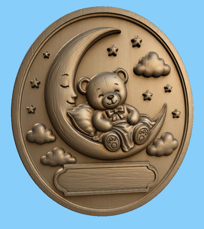 CNC- und 3D-Reliefdruck Bärchen auf Mond, Baby-Geburtsplatte zum Gravieren von Holz, hochwertige STL, zum Anpassen