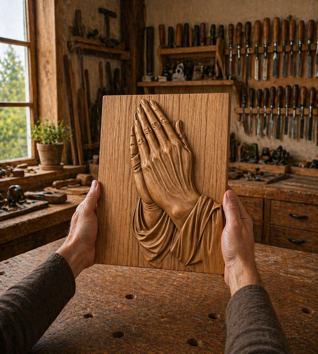 Fichier CNC & impression 3D mains en prière – bas-relief chrétien pour sculpture bois, décoration murale religieuse STL