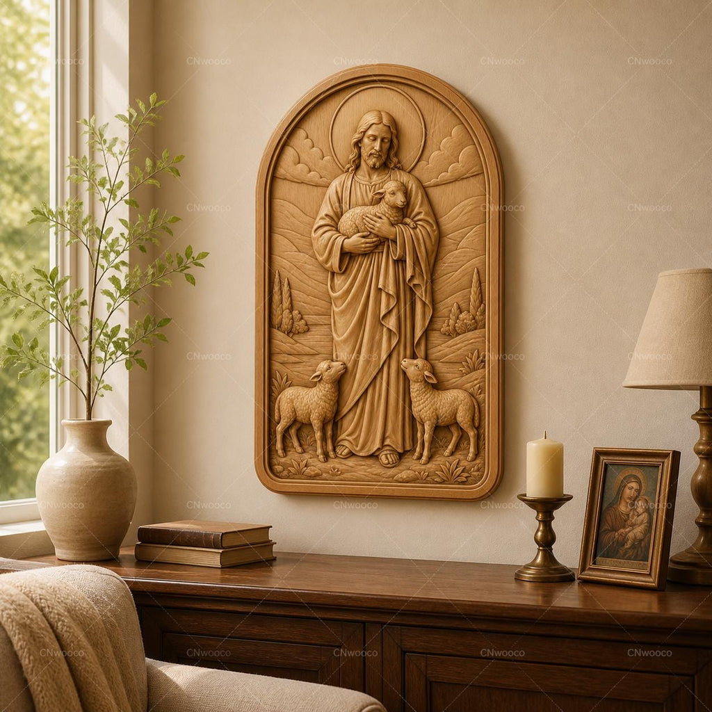 CNC & impression 3D relief Jésus Bon Berger avec agneaux, fichier STL très haute qualité