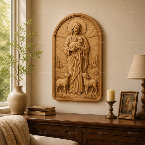 CNC & impression 3D relief Jésus Bon Berger avec agneaux, fichier STL très haute qualité