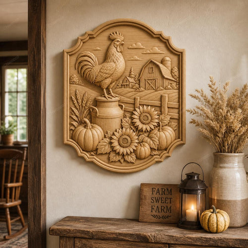 CNC & impression 3D relief coq de ferme avec grange et tournesols, fichier STL très haute qualité
