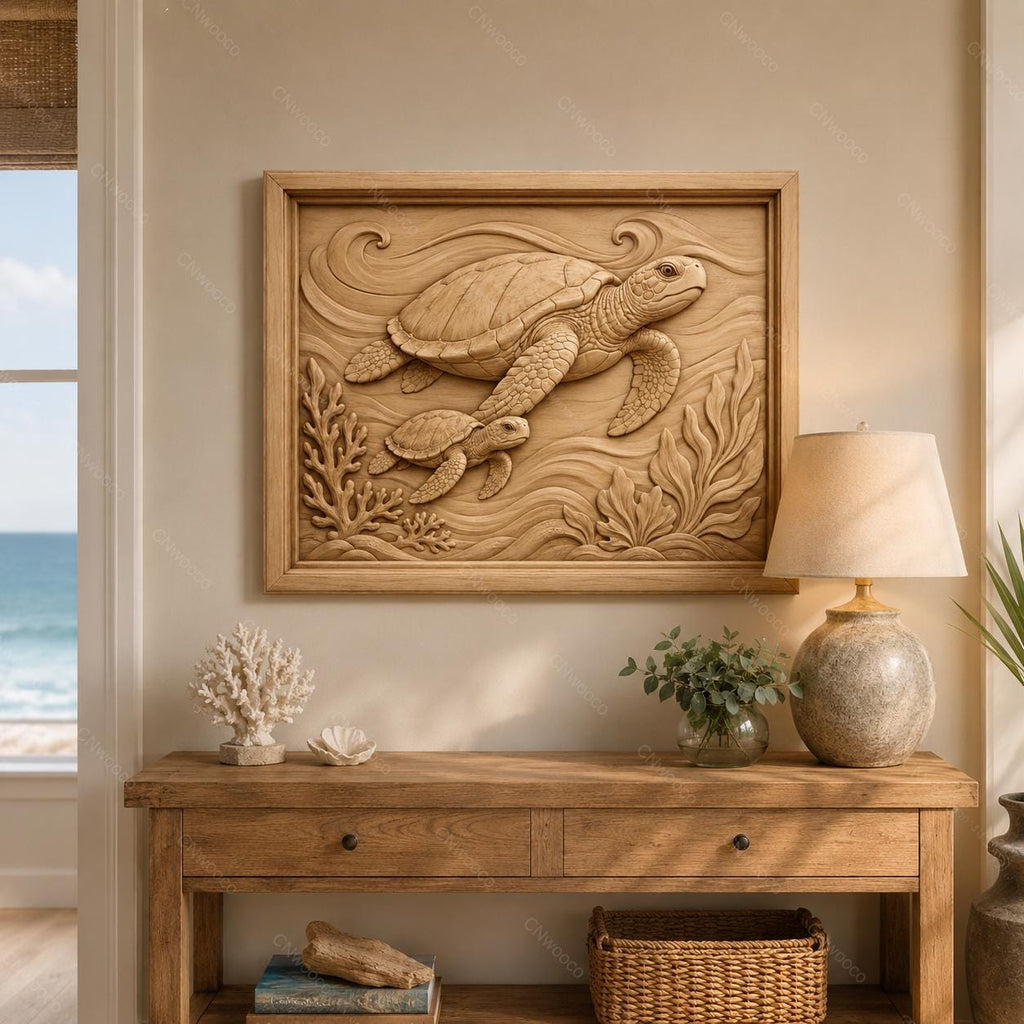 CNC- und 3D-Druck-Relief Meeresschildkröten, Ozean-Tierwelt-Datei für Holzgravur, hochwertige STL