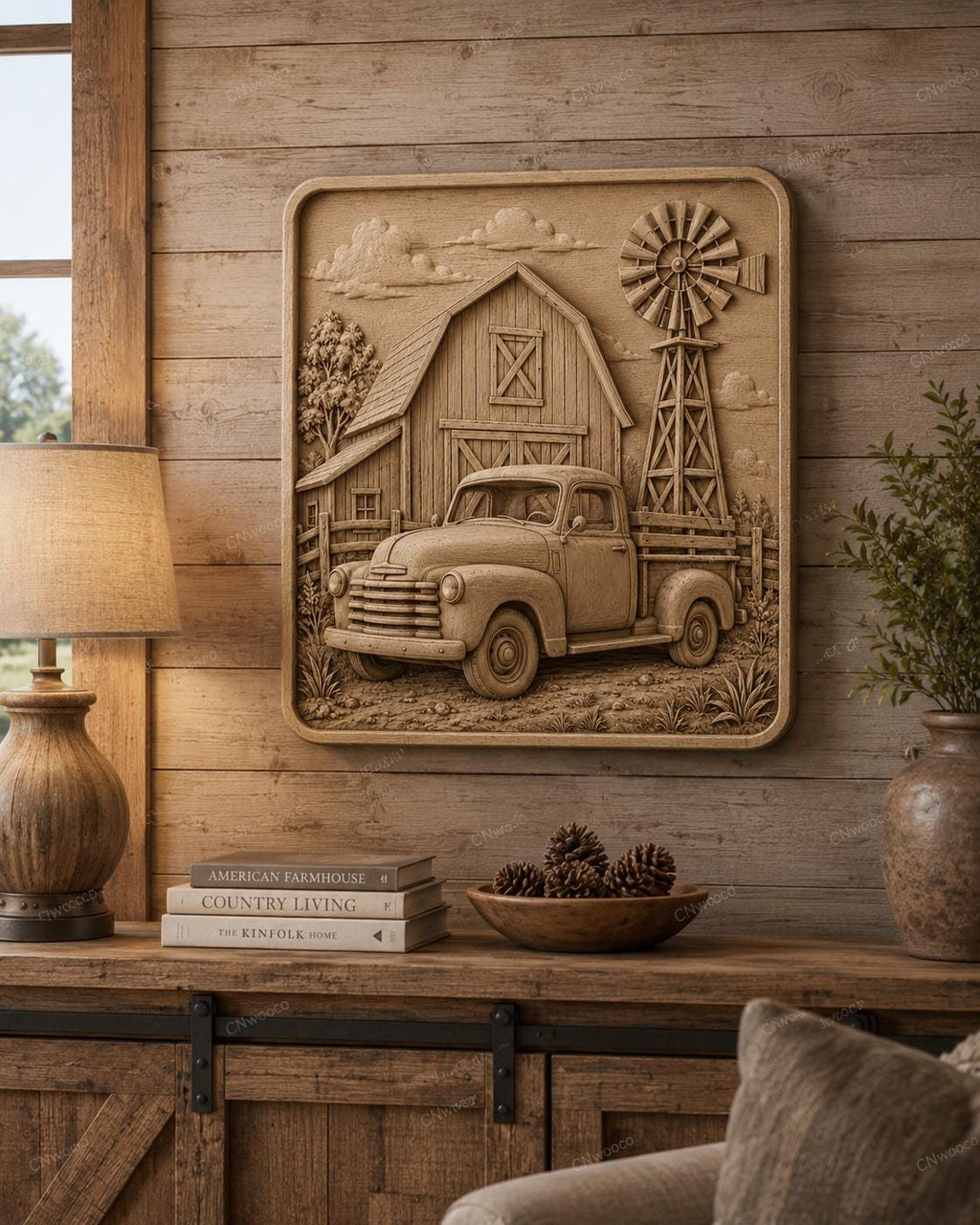 CNC & 3D-Druck Oldtimer-Pickup vor Scheune und Mühle, STL-Datei sehr hohe Qualität