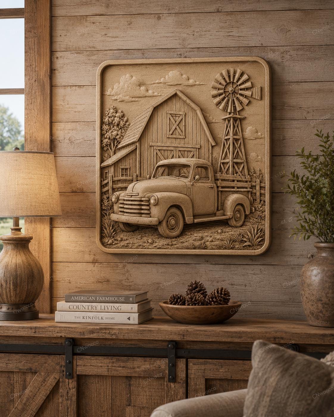 CNC & 3D-Druck Oldtimer-Pickup vor Scheune und Mühle, STL-Datei sehr hohe Qualität