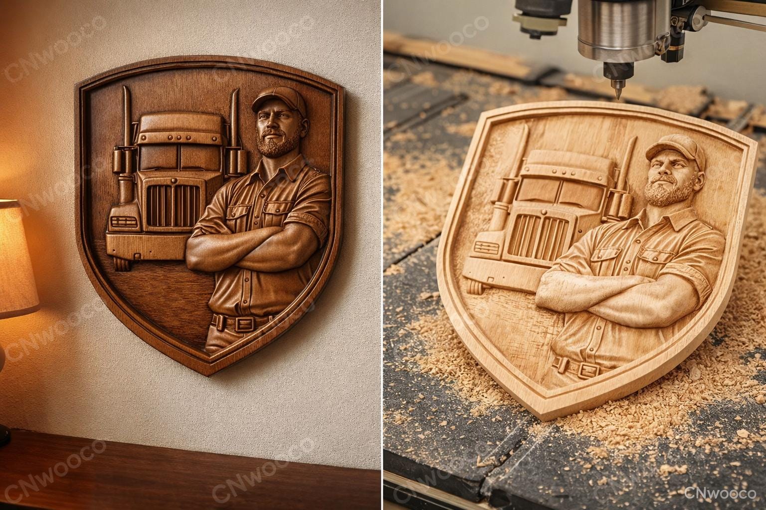 Fichier CNC camion routier, bas-relief bois semi truck, décoration murale atelier rustique, cadeau chauffeur, modèle gravure 3D STL