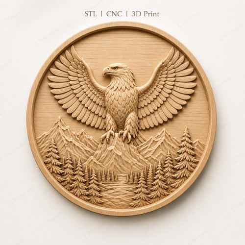 CNC & impression 3D relief aigle majestueux sur montagne, décor nature sauvage, fichier STL très haute qualité