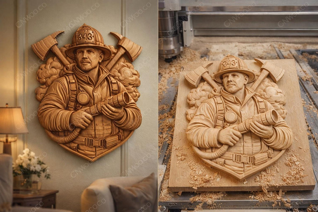 CNC-Datei Feuerwehrmann – Wandrelief für Holzskulptur, rustikales Dekoschild und Geschenkidee für Feuerwehrleute STL