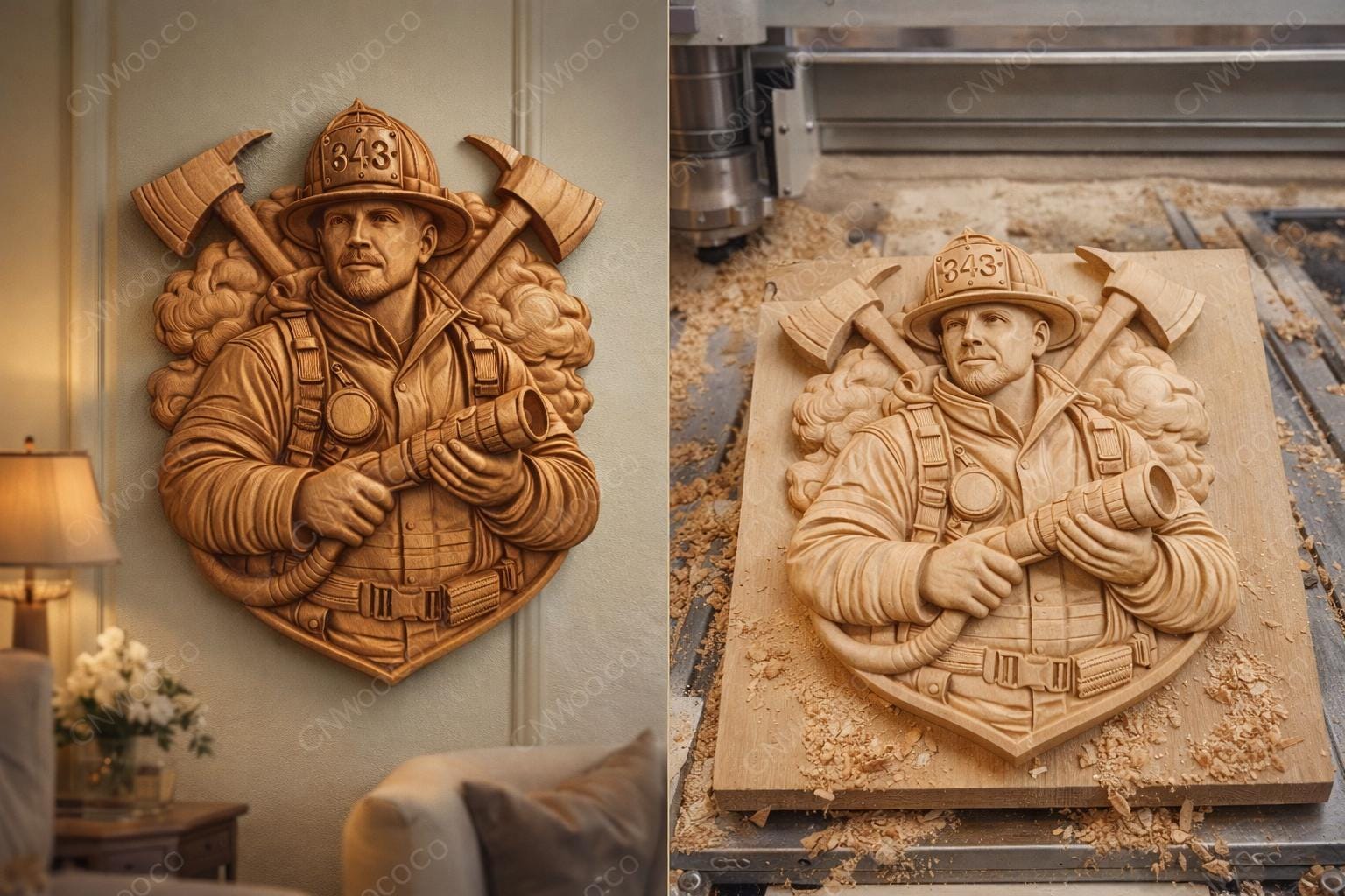 CNC-Datei Feuerwehrmann – Wandrelief für Holzskulptur, rustikales Dekoschild und Geschenkidee für Feuerwehrleute STL