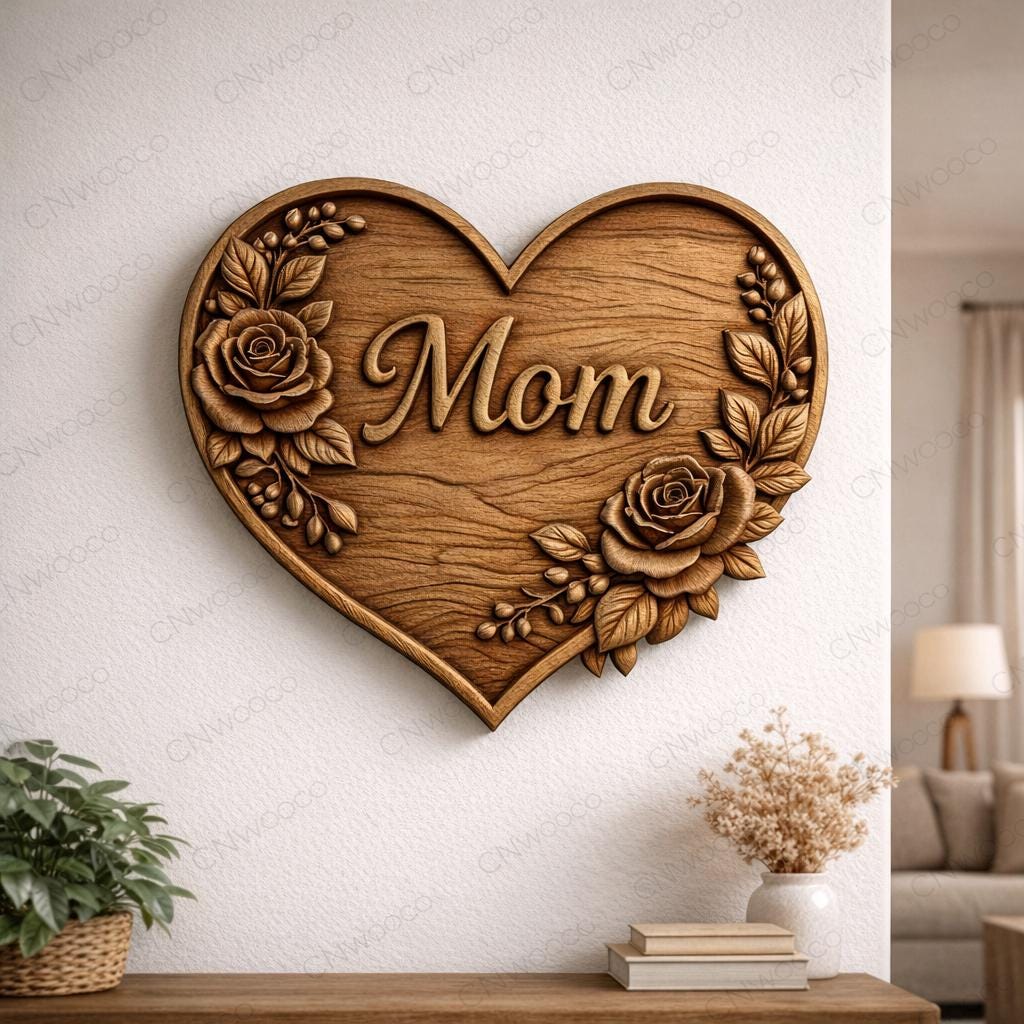 CNC-Datei & 3D-Druck Muttertagsgeschenk – Blumenherz mit Rosen für Mamas Wanddekoration STL