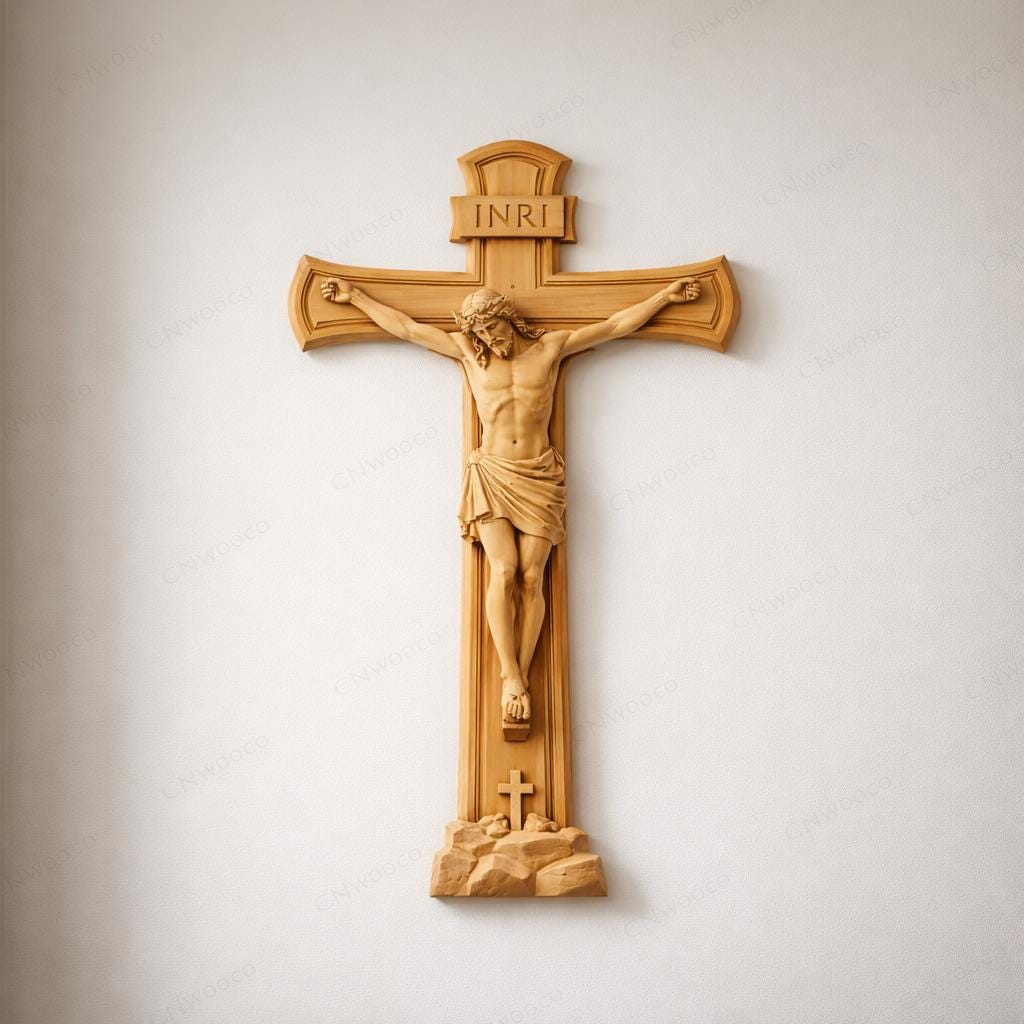 Fichier CNC & impression 3D crucifix Jésus INRI – bas-relief croix chrétienne pour sculpture bois, décoration murale religieuse STL