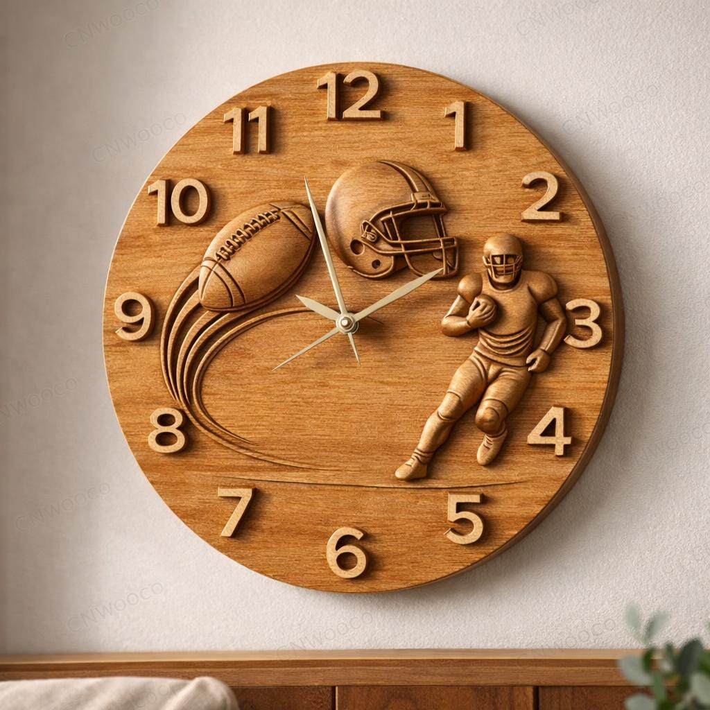 Fichier CNC horloge football américain – bas-relief sport pour sculpture bois, décoration murale STL
