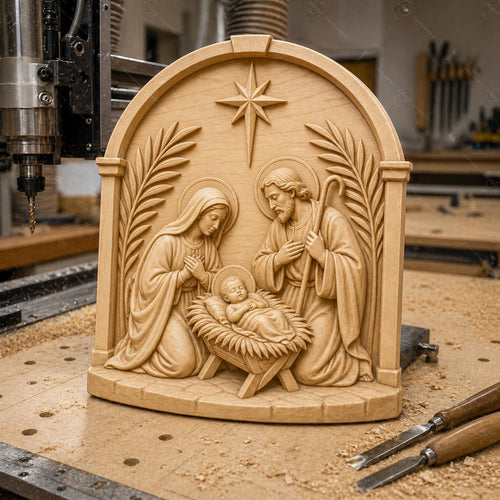 CNC & impression 3D relief Nativité avec Marie, Joseph et Jésus, fichier STL très haute qualité