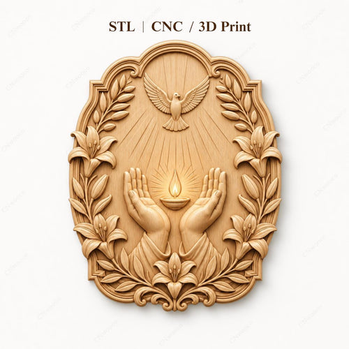 CNC & impression 3D relief mains avec lampe, colombe et lys, fichier STL très haute qualité