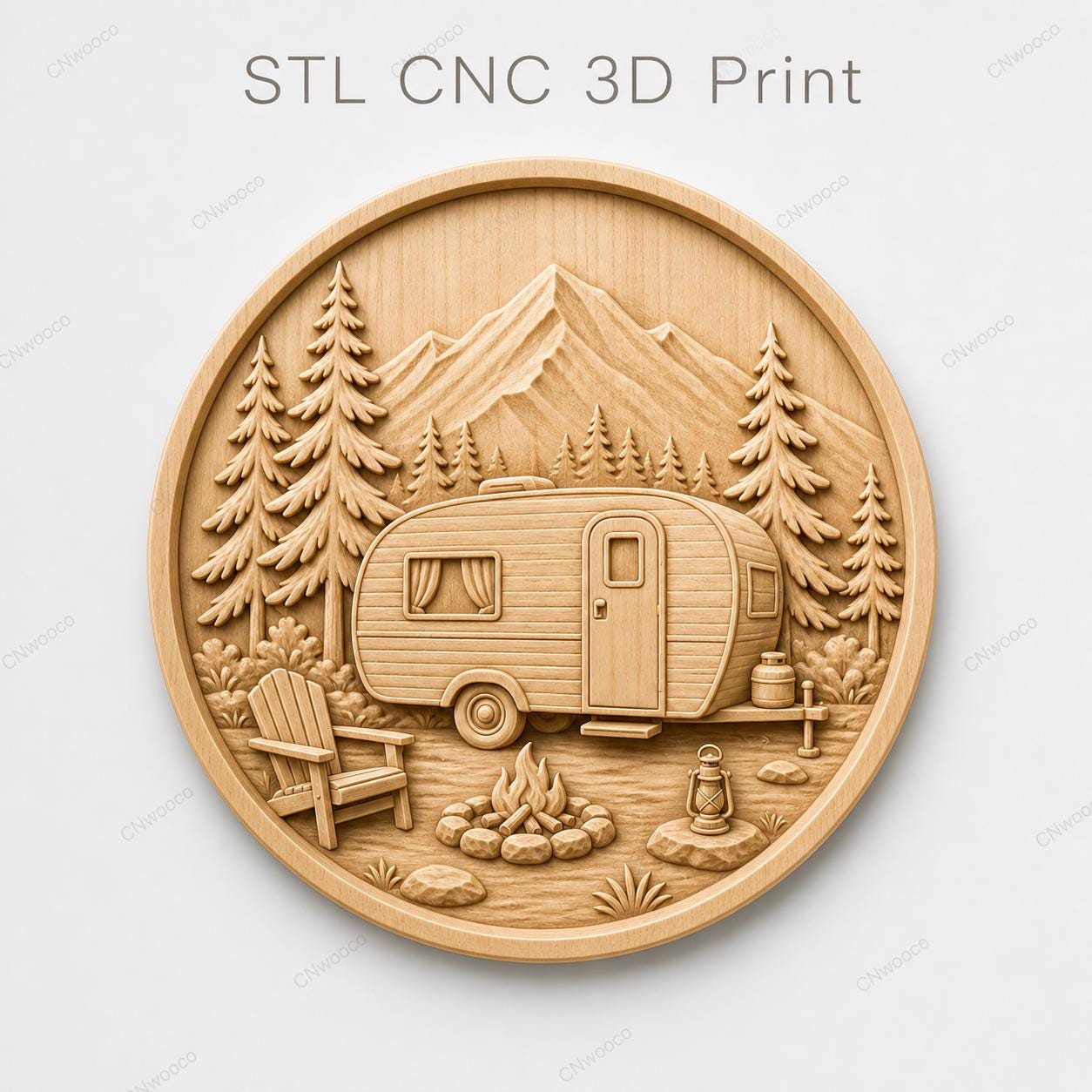 CNC & 3D-Reliefdruck Wohnwagen Camping in den Bergen mit Lagerfeuer, sehr hochwertige STL-Datei