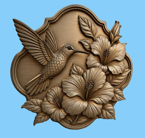 CNC & impression 3D relief colibri avec fleurs d’hibiscus, décoration florale tropicale, fichier STL très haute qualité