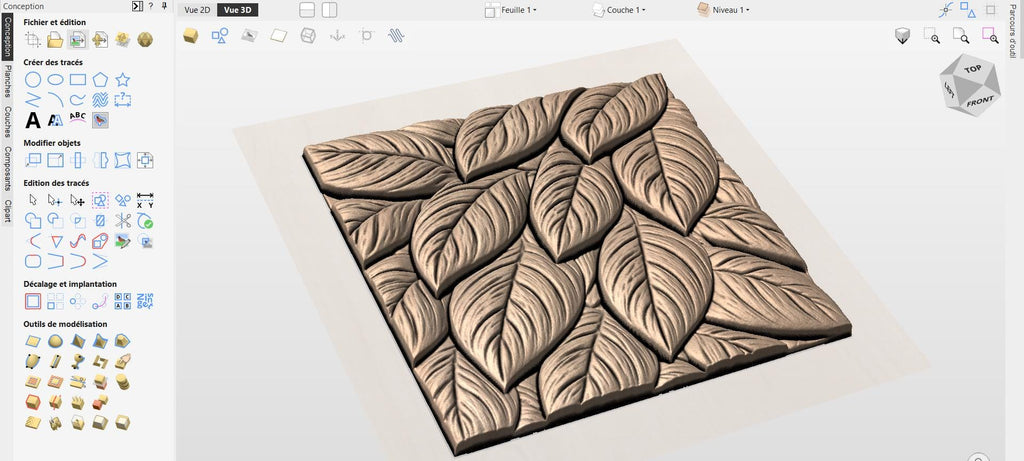 Fichier CNC texture bois motif feuilles – bas-relief organique seamless pour sculpture bois, panneau décoratif mural STL