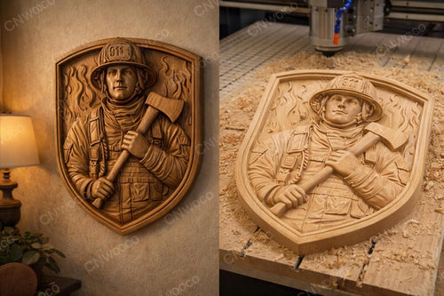 Fichier CNC pompier bas-relief bois, décoration murale service incendie, sculpture bois rustique, idée cadeau, modèle gravure 3D STL