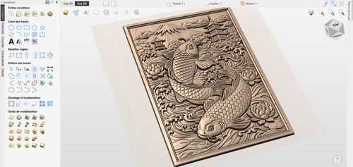 Fichier CNC carpe koi japonaise, bas-relief bois paysage asiatique, décoration murale zen, sculpture bois, modèle gravure 3D STL