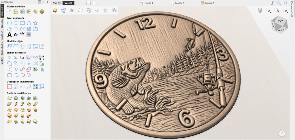 CNC-Datei Fischeruhr Bass – Flachrelief See und Angler für Holzskulptur, rustikale Wanddekoration STL