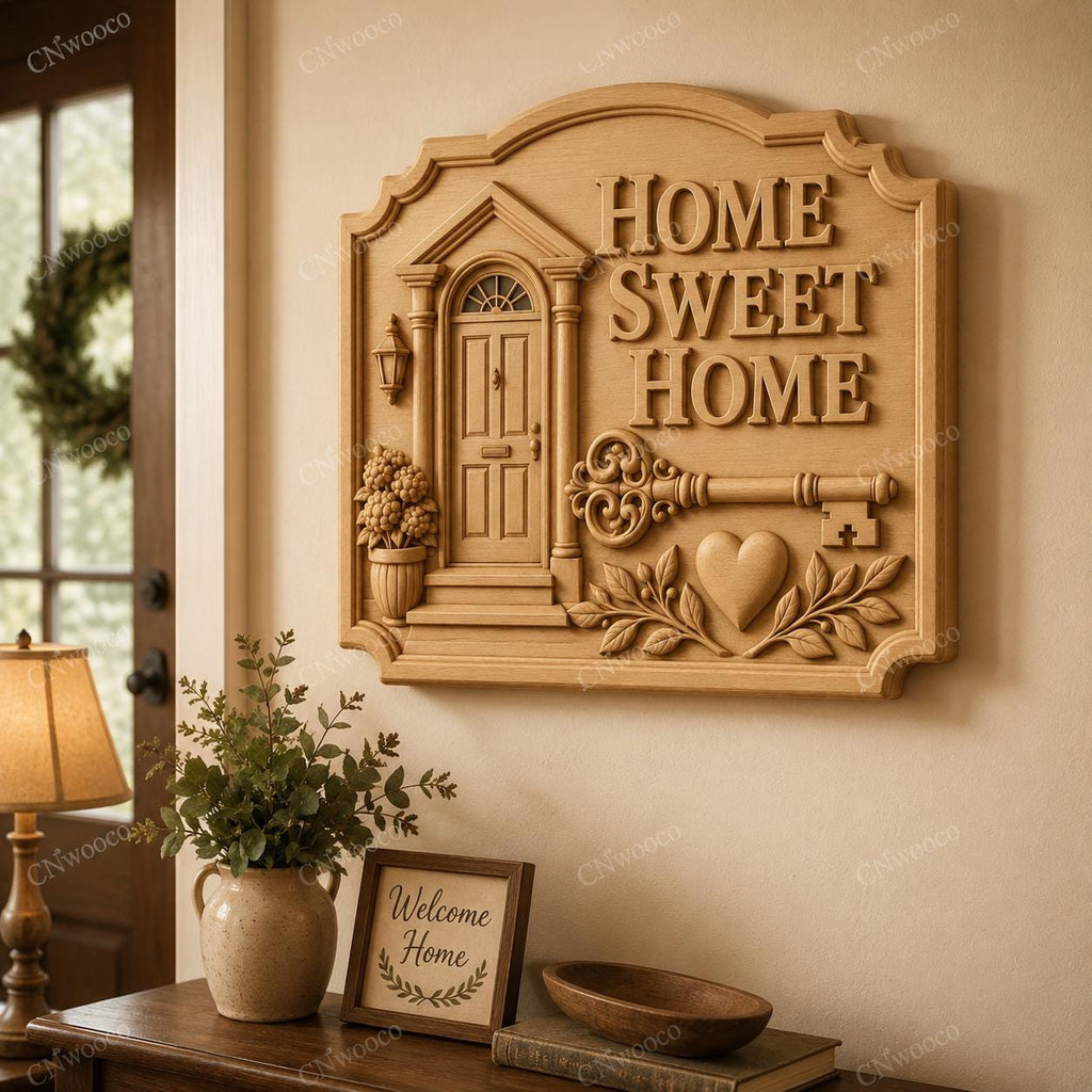CNC & 3D-Reliefdruck Home Sweet Home mit Tür und Schlüssel, Hausdekor-Datei für Holzgravur, hochwertiges STL