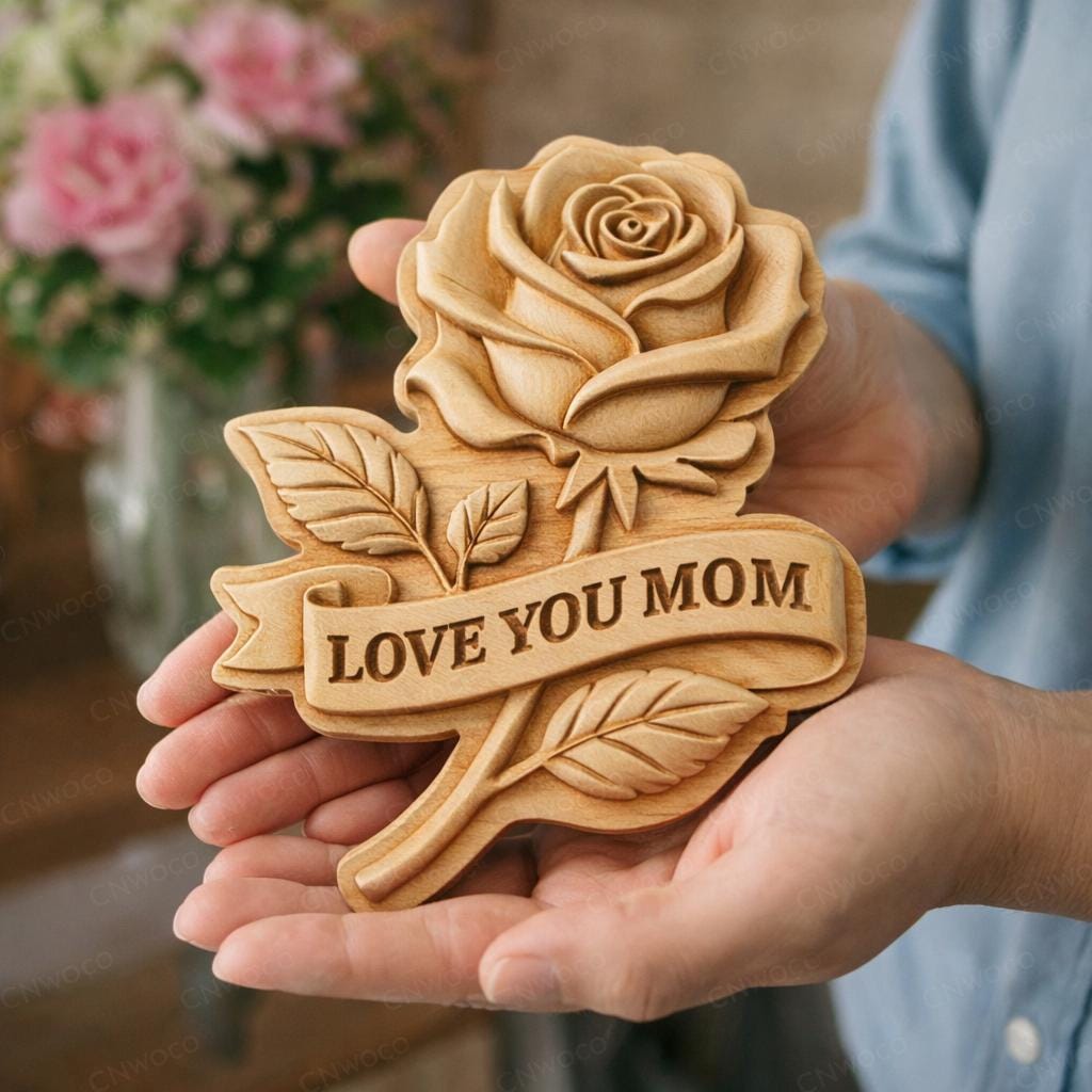 Fichier CNC & impression 3D rose “Love You Mom” – bas-relief bois pour cadeau fête des mères, décoration murale STL