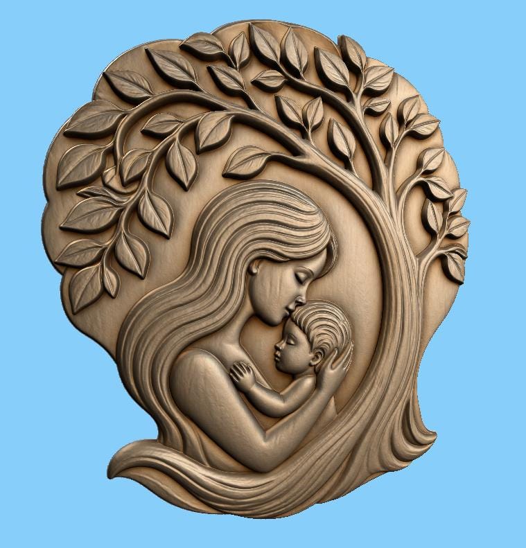CNC- und 3D-Druck Relief Mutter und Baby unter Baum, Mutterschaftsdekor, sehr hochwertige STL-Datei