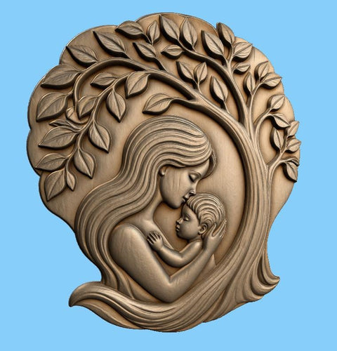 CNC & impression 3D relief maman et bébé sous arbre, décor maternité, fichier STL très haute qualité