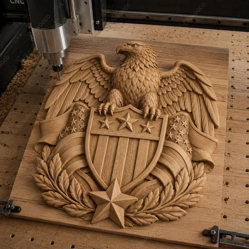 CNC & impression 3D aigle américain avec drapeau et montagnes, fichier STL très haute qualité
