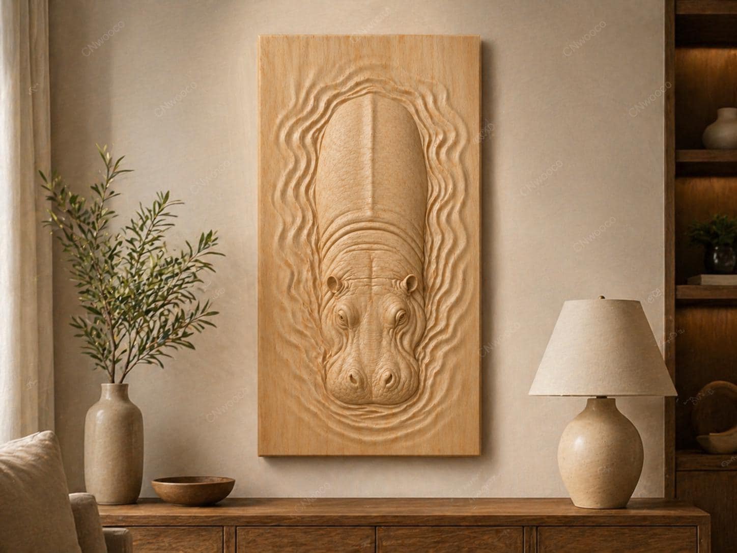 Nilpferd-CNC-Datei – Wildtier-Flachrelief für Holzskulptur, Wanddekoration Flussfauna, STL