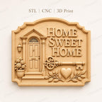 CNC & 3D-Reliefdruck Home Sweet Home mit Tür und Schlüssel, Hausdekor-Datei für Holzgravur, hochwertiges STL